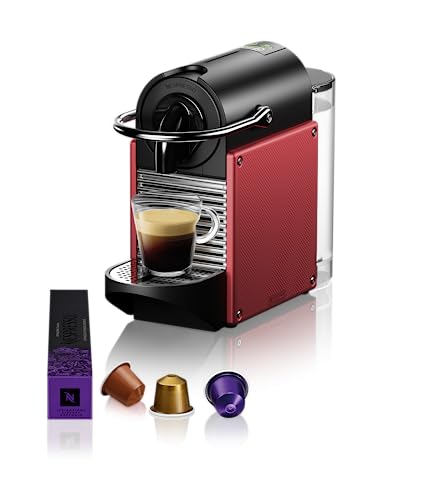 Nespresso De'Longhi Pixie EN124.R Cafetera monodosis cápsulas, 19 Bares, depósito Agua 0.7 L, Apagado automático, Rojo, Incluye pack de bienvenida con 14 cápsulas