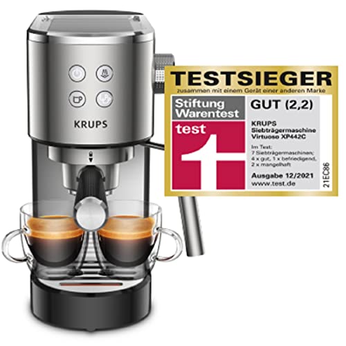 Krups Virtuoso XP442C cafetera espresso, diseño compacto y elegante, capacidad 1.1 L, espresso, cappuccino, sistema Thermoblock, calentamiento rápido, cuchara dosificadora, bandeja calientatazas