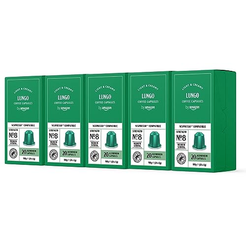 by Amazon - Cápsulas de café Lungo, tueste medio, compatibles con Nespresso, 100 unidades, 5 paquetes de 20, certificado Rainforest Alliance