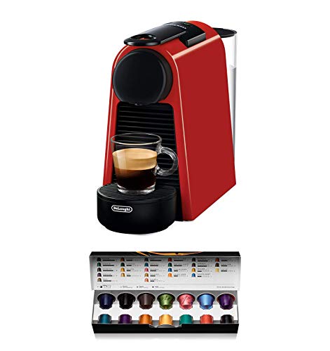 Nespresso De'Longhi Essenza Mini EN85.R - Cafetera monodosis de cápsulas Nespresso, compacta, 19 bares, apagado automático, color rojo, 1, Incluye pack de bienvenida con 14 cápsulas
