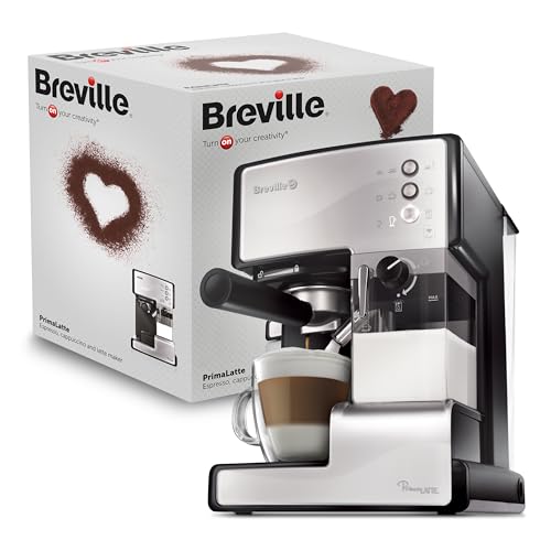 Breville PrimaLatte Cafetera para espresso, cappuccino y latte | Bomba con 15 bar |Adecuado para café molido y monodosis | Depósito para tratamiento de leche integrado| Metálico/negro| VCF045X