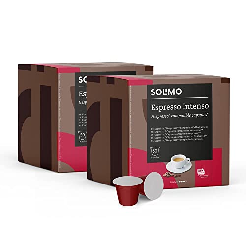 Marca Amazon - Solimo Cápsulas de café Espresso Intenso, tueste oscuro, compatibles con Nespresso, 100 unidades (2 paquetes de 50), certificado Rainforest Alliance