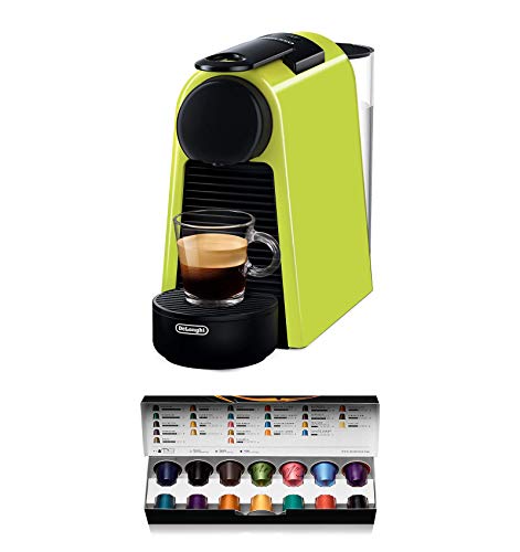 Nespresso De'Longhi Essenza Mini EN85.L - Cafetera monodosis de cápsulas Nespresso, compacta, 19 bares, apagado automático, color lima, 1, Incluye pack de bienvenida con 14 cápsulas