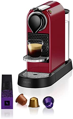 Krups Nespresso Citiz XN7415 - Cafetera de cápsulas monodosis, con 19 bares de presión, thermoblock, función automática con botones retroiluminados, color Rojo, 14 cápsulas