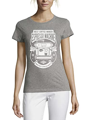 Máquina espresso mejor cafetera cuello redondo algodón camiseta de mujer gris, gris, M