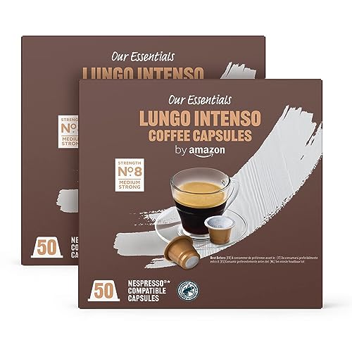 by Amazon Cápsulas de café Lungo Intenso, tueste medio, compatibles con Nespresso, 100 unidades, 2 paquetes de 50, certificado Rainforest Alliance