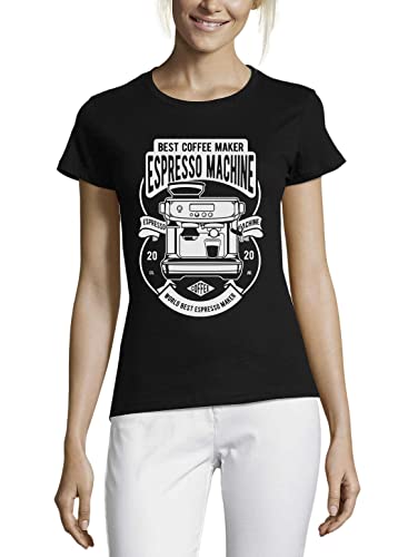 Espresso Machine Mejor Cafetera Cuello redondo Algodón Camiseta Mujer Negro, Negro, XL