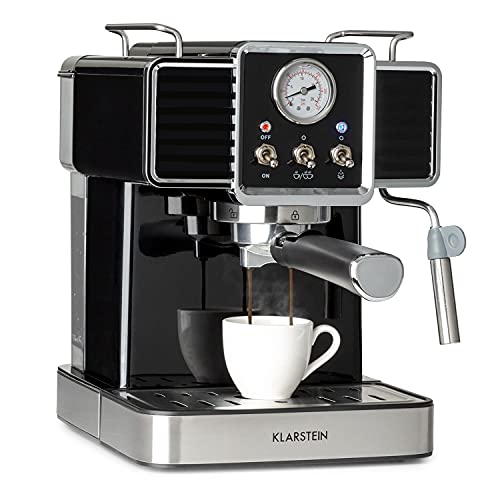 KLARSTEIN Gusto Classico - Cafetera de espresso, Potencia 1350 W, Presión bomba 20 bar, Depósito agua 1,5 L, Boquilla de espumado de leche, Barómetro, Filtro de aluminio para cápsulas de café, Negro