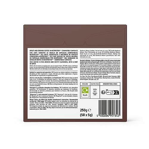 by Amazon Cápsulas de café Lungo Intenso, tueste medio, compatibles con Nespresso, 100 unidades, 2 paquetes de 50, certificado Rainforest Alliance