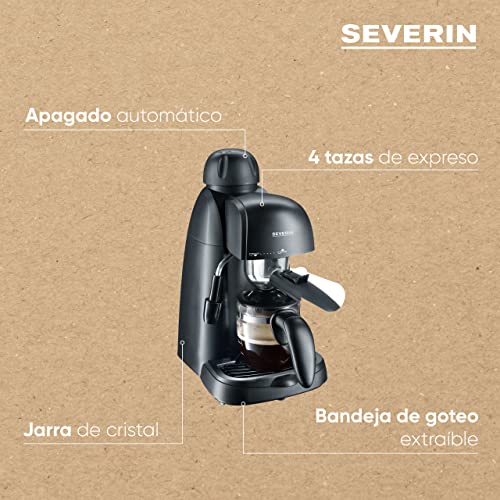 SEVERIN Cafetera express, cafetera pequeña para 4 tazas de expreso, cafetera eléctrica con espumador de leche para cafés especiales, ideal para solteros, negro, KA 5978