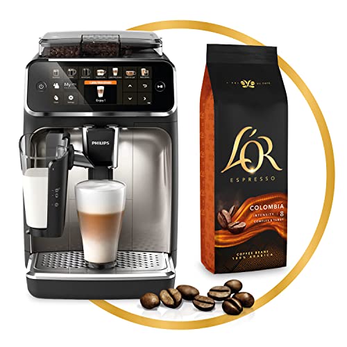 L'Or Espresso Café Grano Colombia 100% Arábica, 500 g + Philips Serie 5400 Cafetera automática - Sistema de Leche LatteGo, 12 Variedades de Café, Pantalla Intuitiva, 4 Perfiles de Usuario
